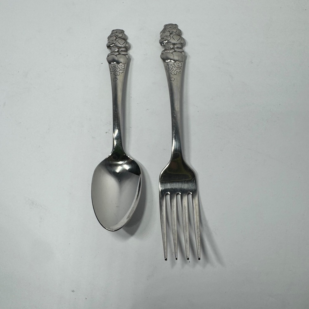 Vintage 1984 Oneida Care Bears Love-a-Lot Bear Child Fork Spoon Set Stainless